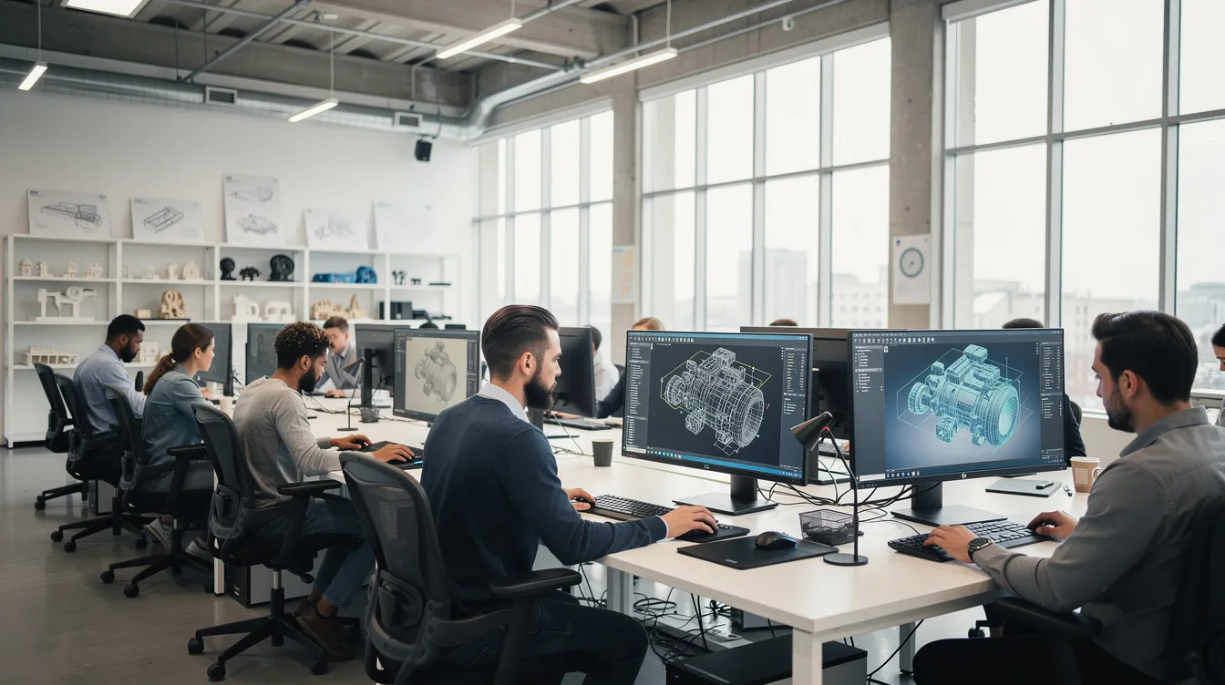 Zespół inżynierów w biurze projektowym pracujący na modelach 3D w technologii BIM