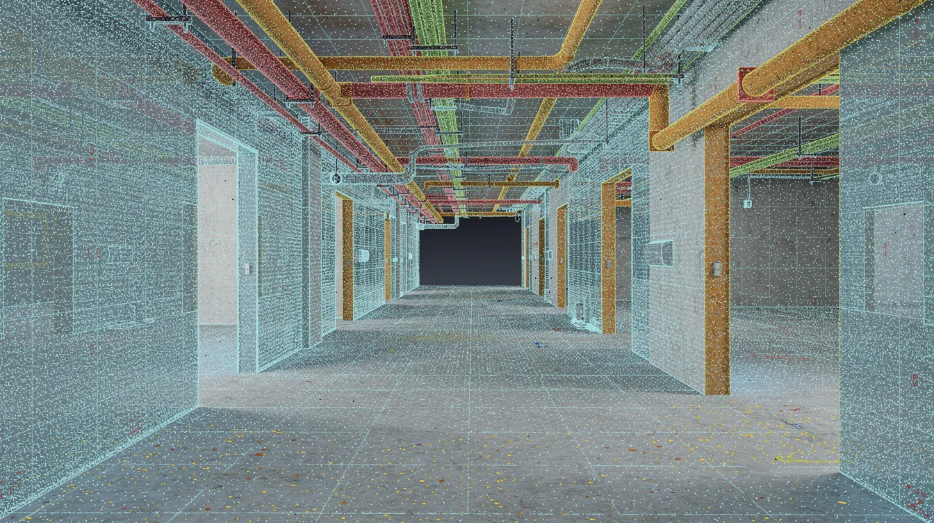 Colourised point cloud of a building interior with pipework
