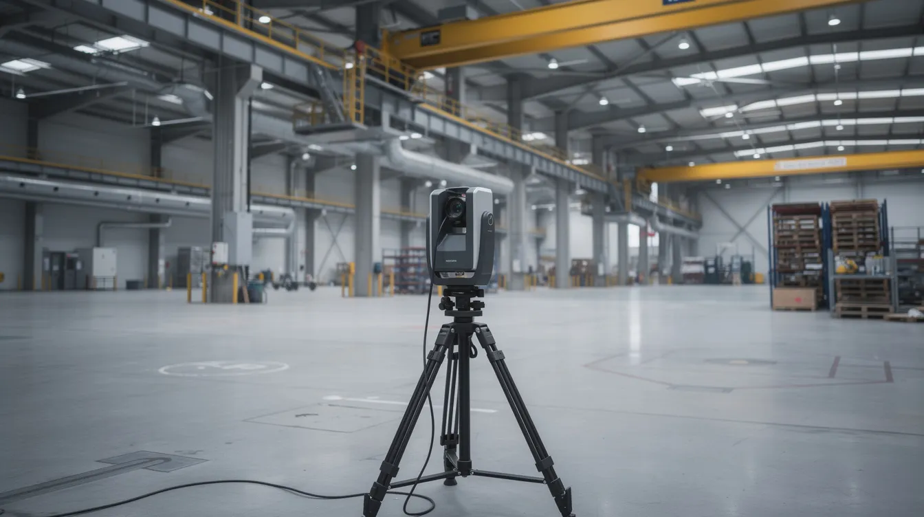 3D laser scanner on a tripod inside an industrial hall