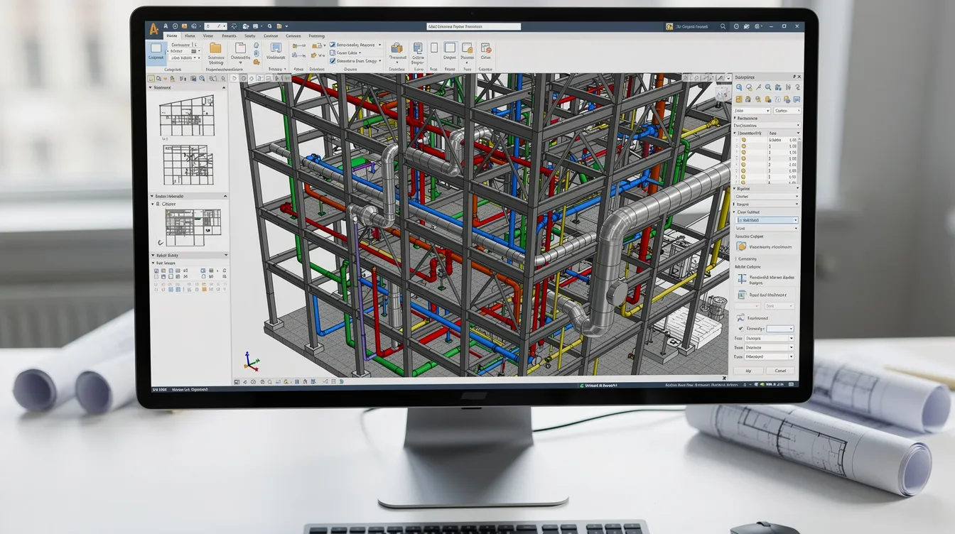 BIM model with steel structure and MEP services on screen