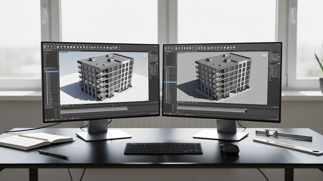 BIM workstation with a 3D building model on dual monitors