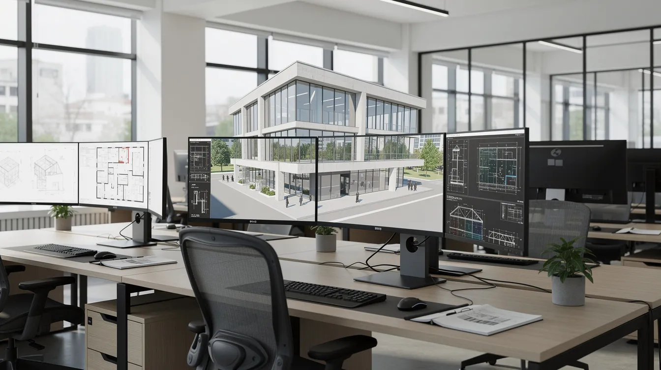 Biuro projektowe z monitorami prezentującymi trójwymiarowe modele architektoniczne i plany konstrukcyjne w technologii BIM