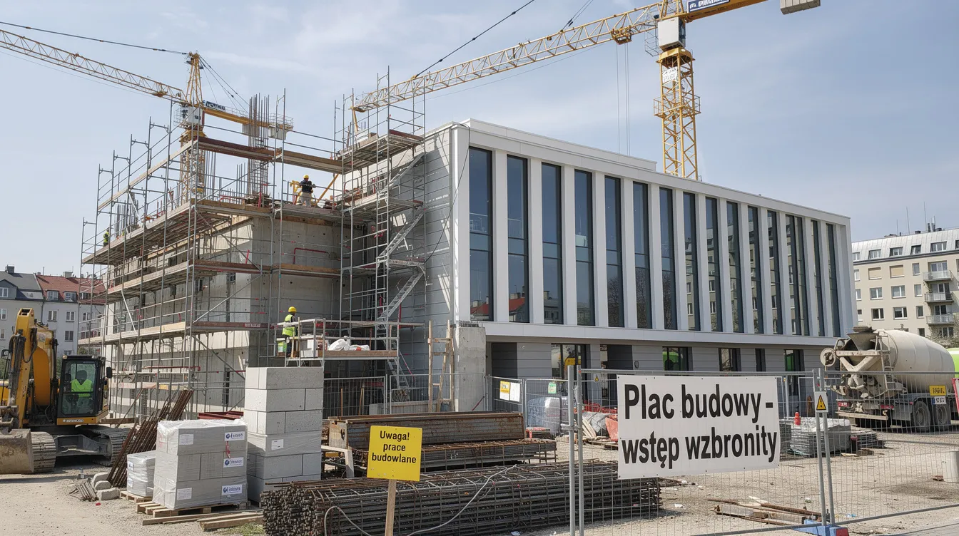 Duży plac budowy z dźwigami i rusztowaniami wokół nowoczesnego budynku użyteczności publicznej realizowanego w technologii BIM