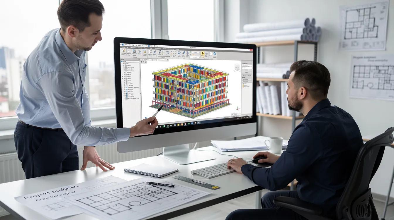 Engineers reviewing a colour 3D building model on a monitor