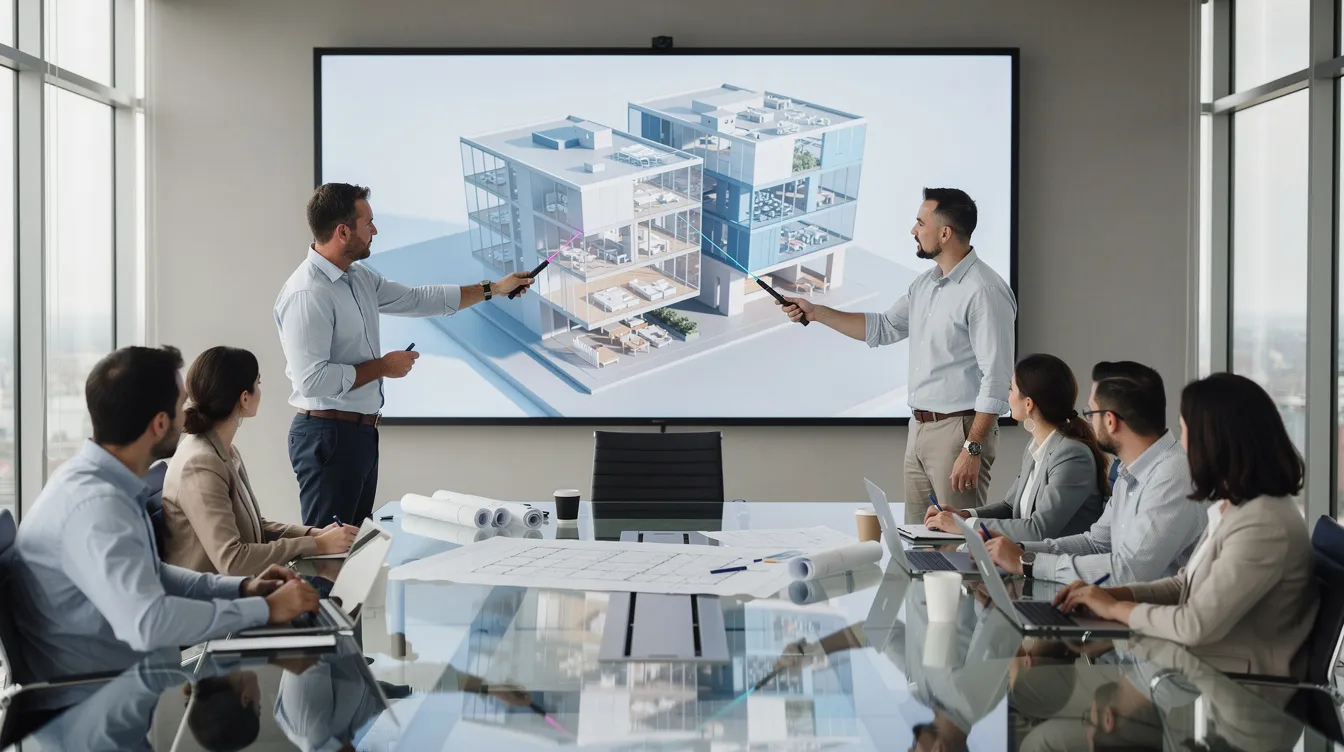 Architects reviewing a BIM model on a meeting room screen