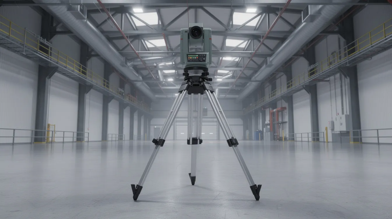 3D laser scanner on a tripod inside an industrial hall