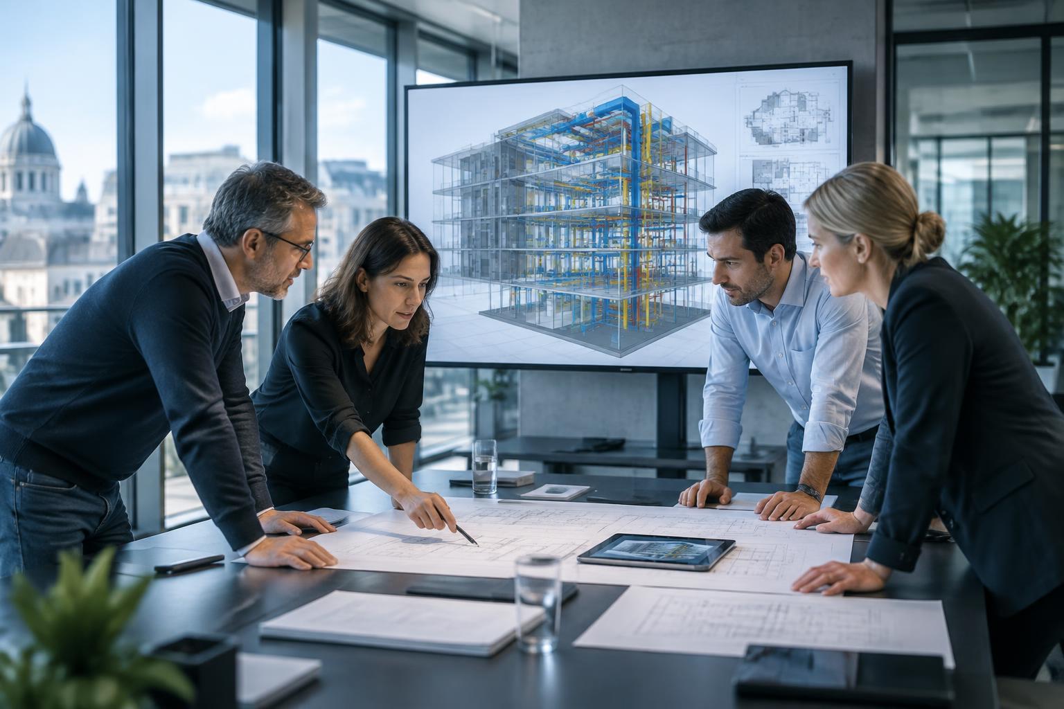 BIM consultancy team reviewing a federated model with an external production partner