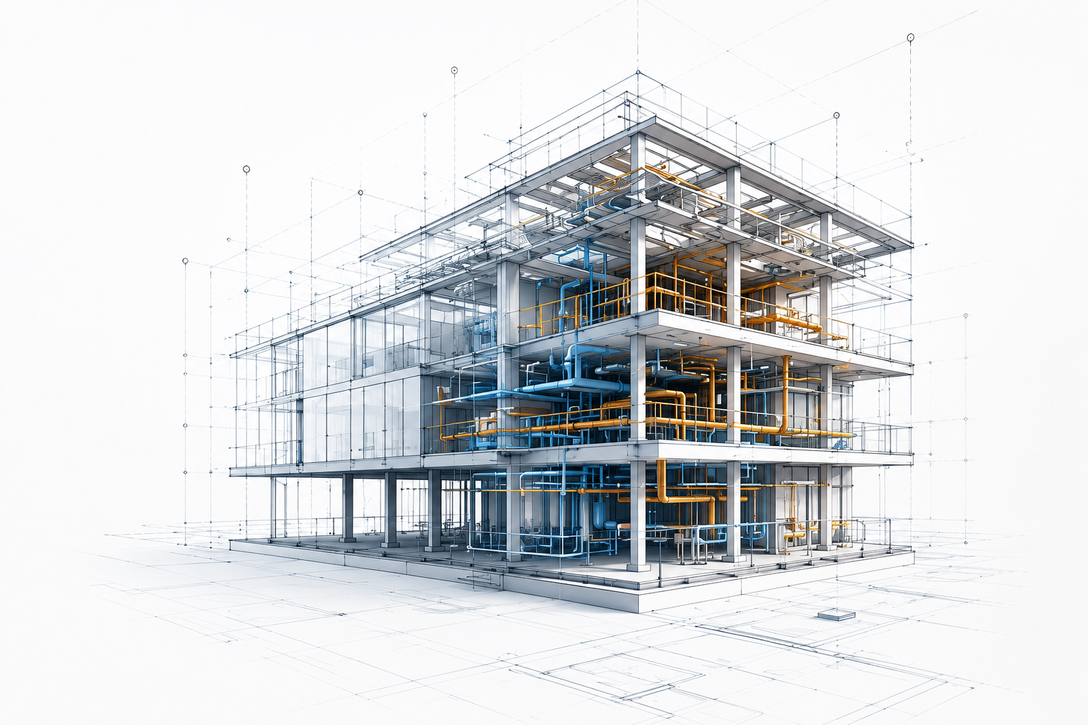 Transparent BIM wireframe model of a multi-story building showing structural framing and MEP systems