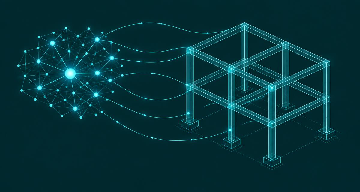 Abstract AI agent network connected to a structural beam and column frame