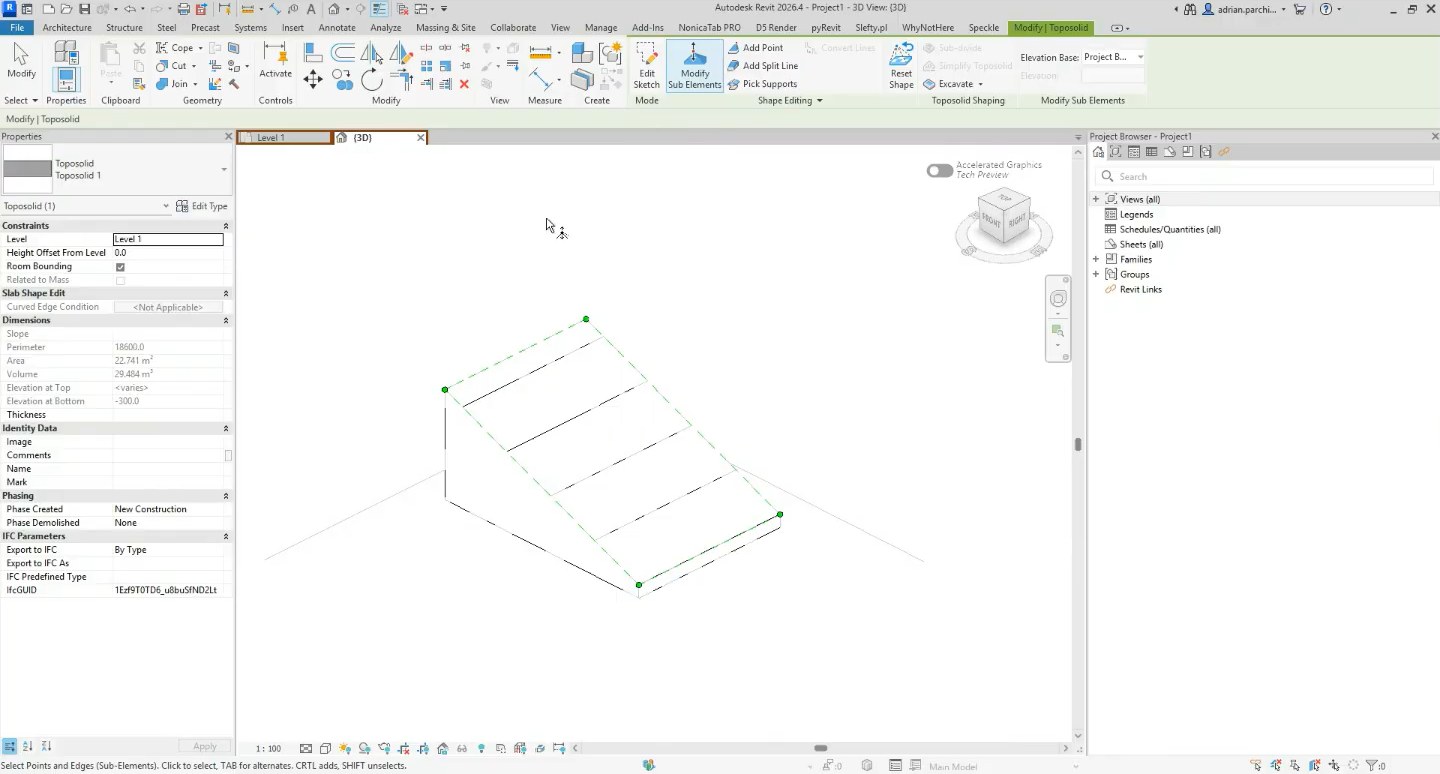 Editing terrain elevation points to match levels around the seated building.