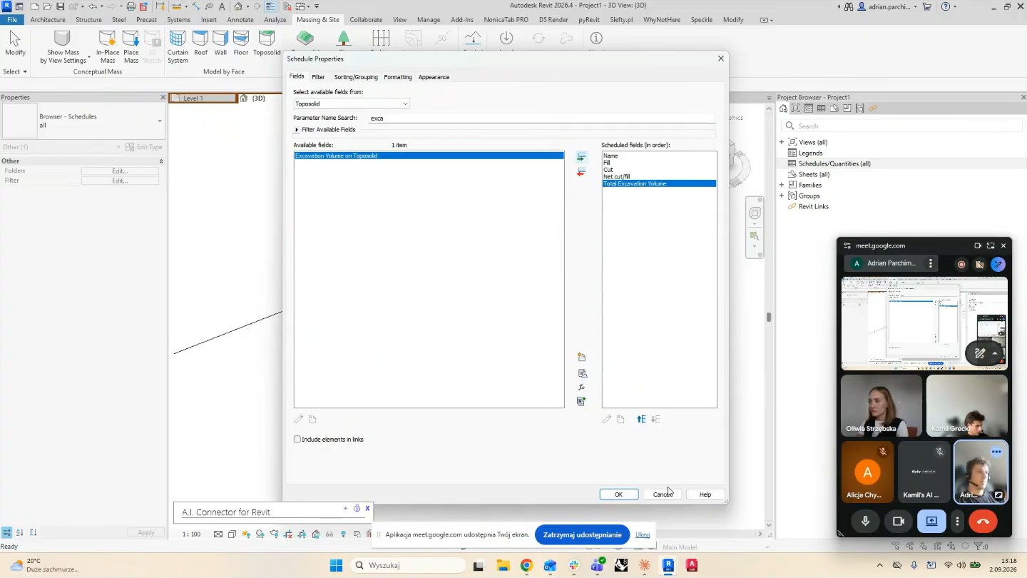 Selecting parameters in Schedule Properties (Cut, Fill, Net Cut/Fill, Total Excavation Volume).