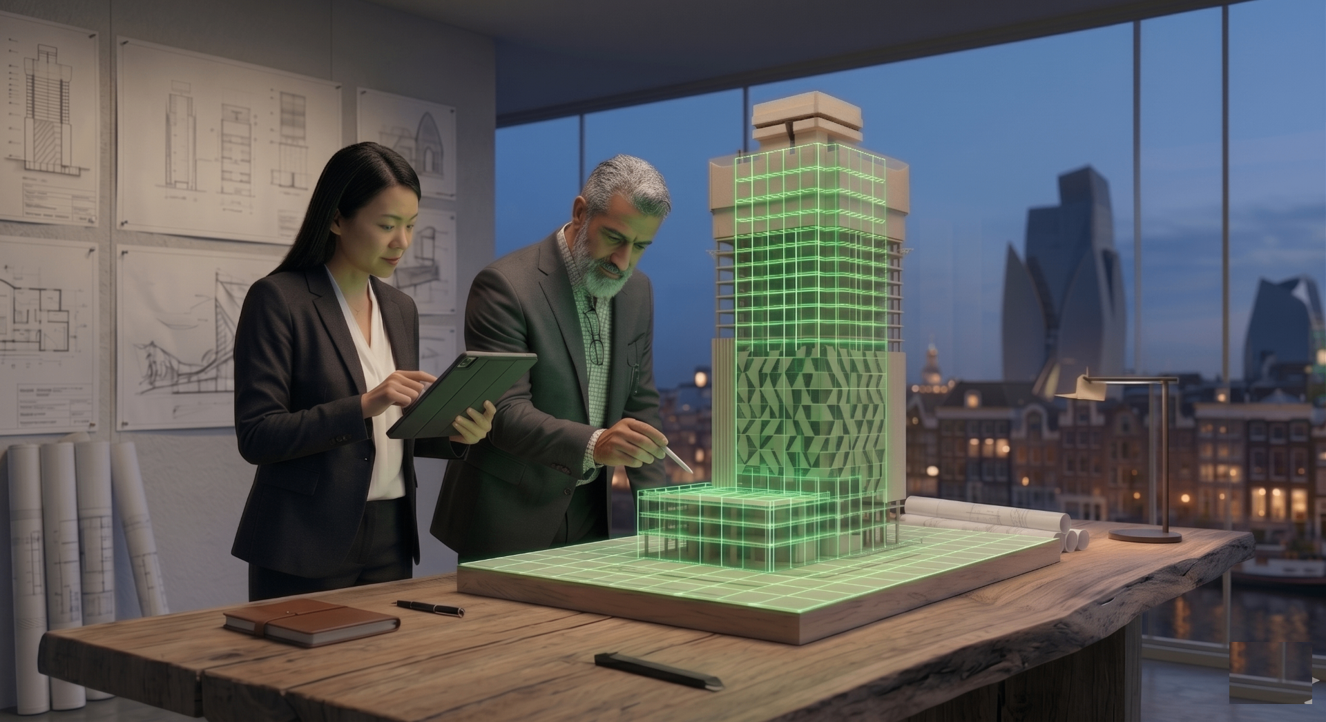 Design office team collaborating on BIM models and architectural drawings