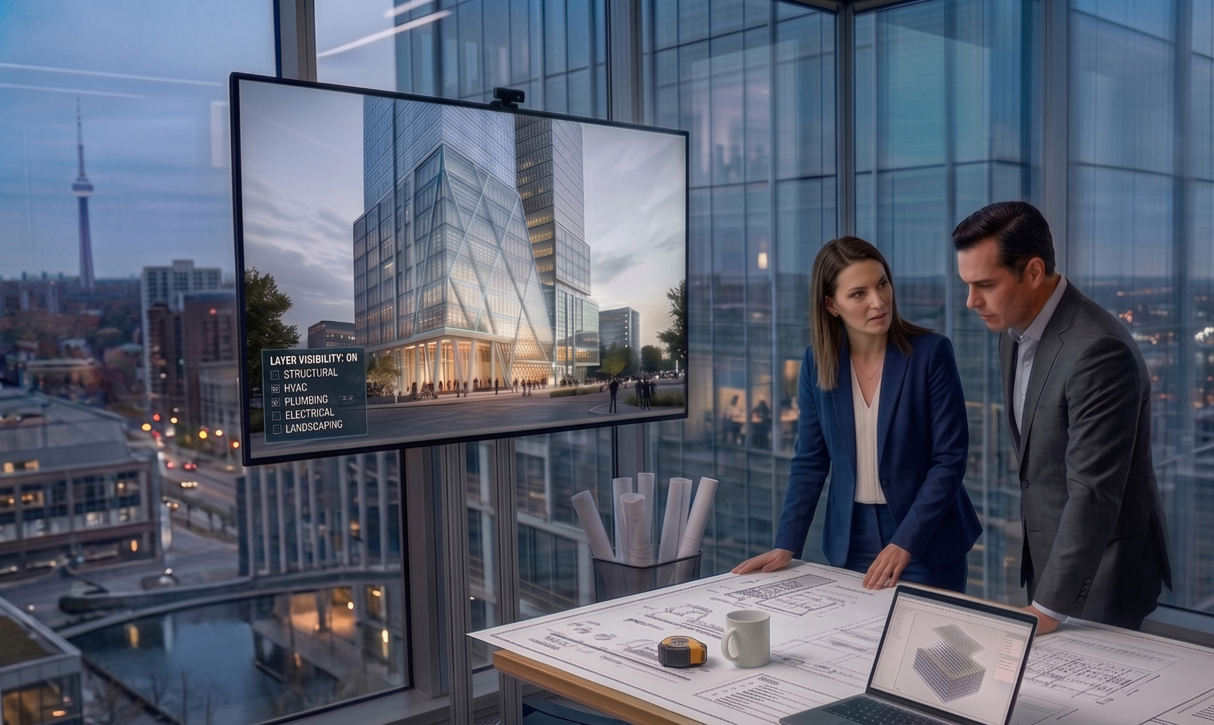Investor and asset manager closing a deal with digital building passport on screen